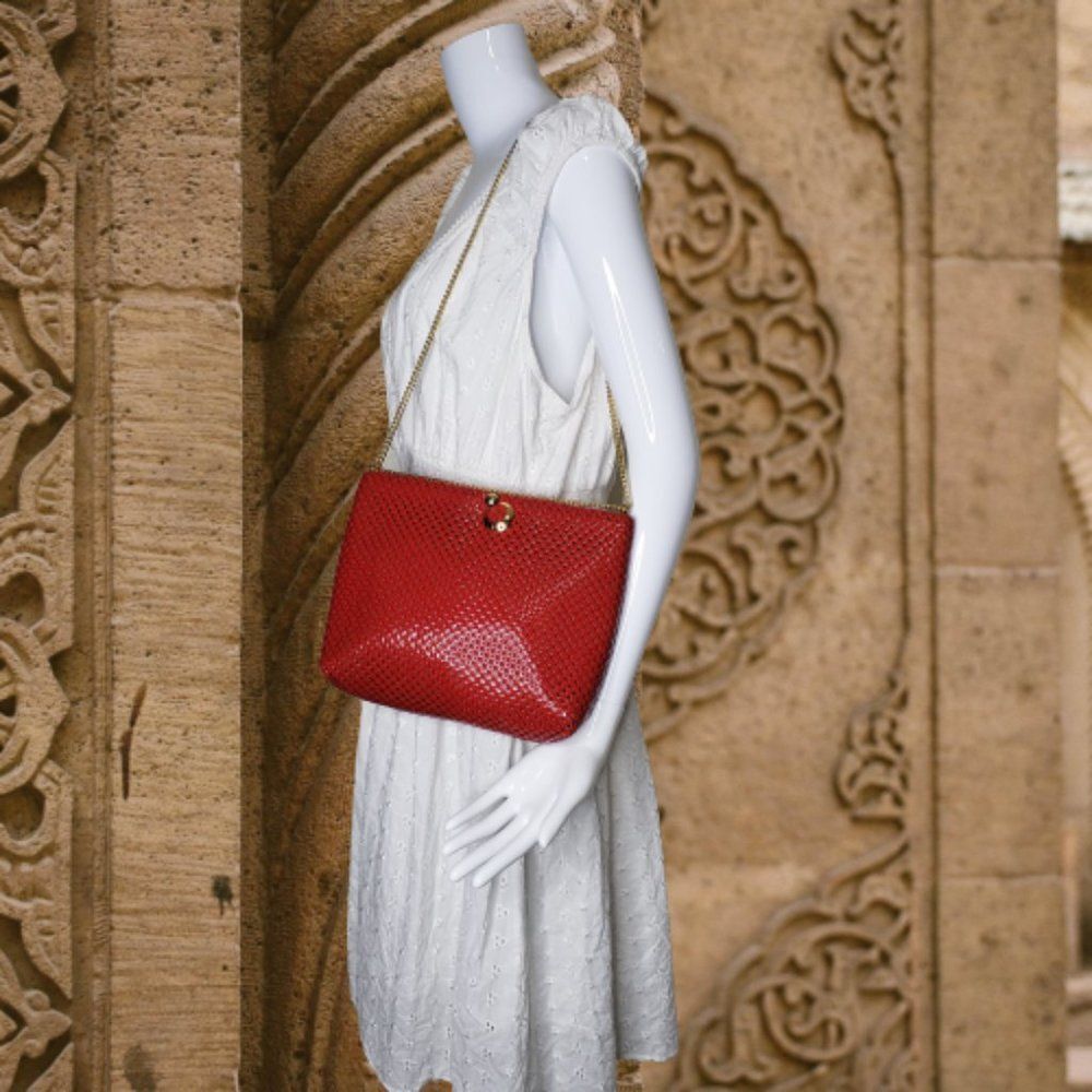 Whiting & Davis Red Mesh Metal Gold Chain Bag